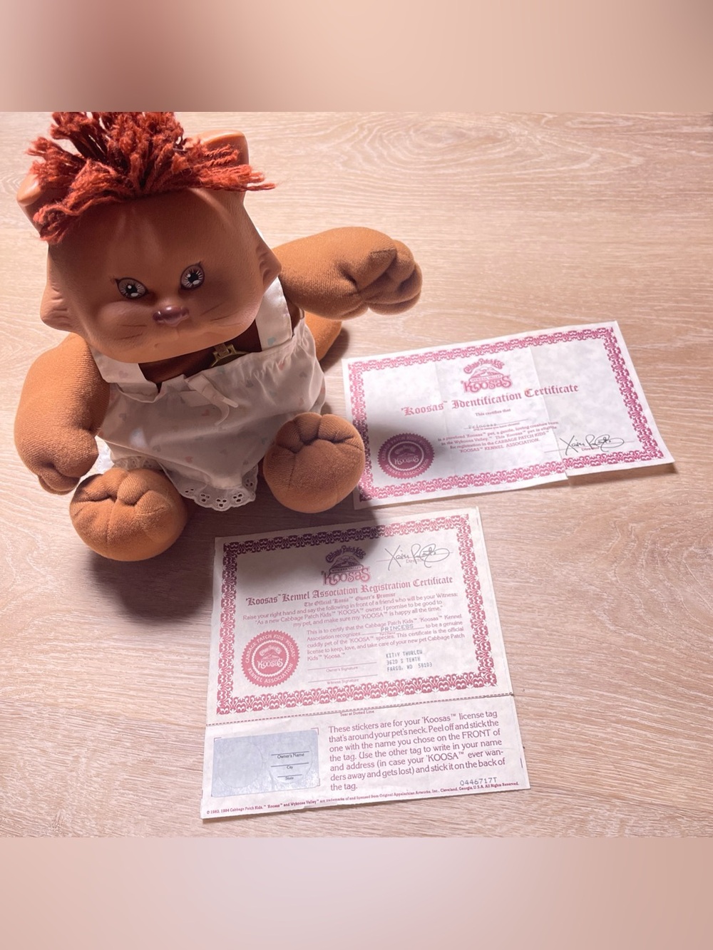 Vintage CABBAGE PATCH KIDS KOOSAS Cat Doll Plush in Heart Dress with Certificate